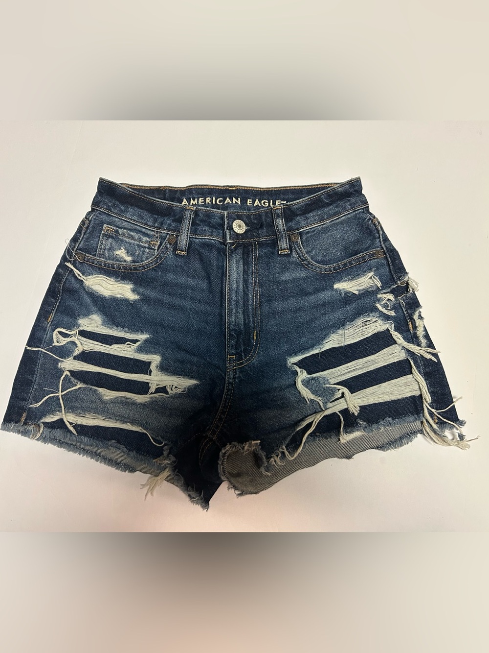 American Eagle Outfitters Strigid Dark Blue Ripped High-Rise Denim Shorts Size00